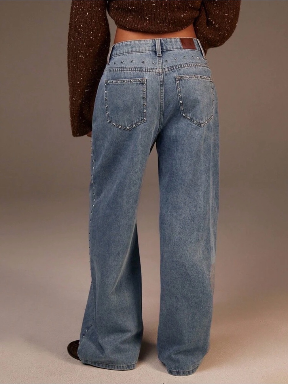 Wide Leg Studded Blue Denim Jeans - Picture 2 of 4